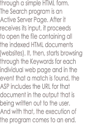 through a simple HTML form.
The Search program is an
Active Server Page. After it
receives its input, it proceeds
to open the file containing all
the indexed HTML documents
(websites). It, then, starts browsing
through the Keywords for each
individual web page and in the
event that a match is found, the
ASP includes the URL for that
document in the output that is
being written out to the user.
And with that, the execution of
the program comes to an end.